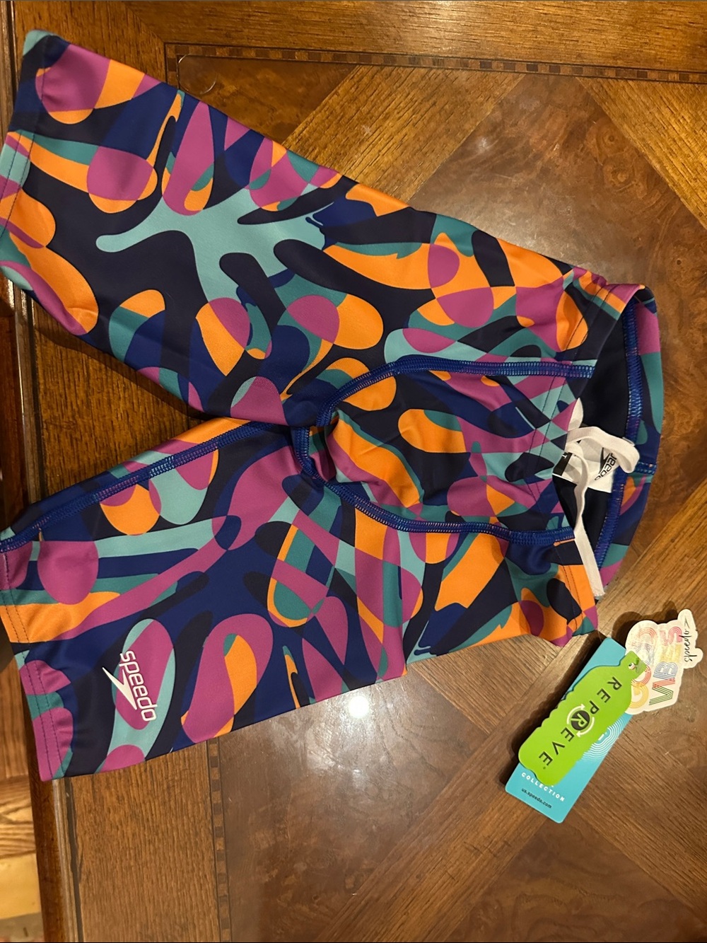 Speedo Girls' Navy Multicolor Abstract Jammer Swimsuit
